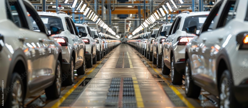 Poster modern car factory demonstrates precision and technology in vehicle production with rows of cars on 