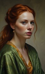 Piercing gaze and rich textures highlight realistic portrait beauty, painting