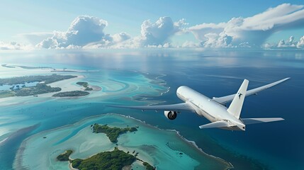 Fototapeta premium An airplane flying over a tropical landscape with turquoise waters and clouds.