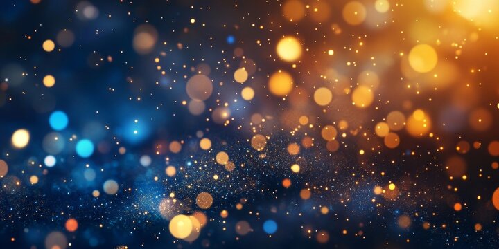 Enchanting New Year's Eve Abstract: Blue and Gold Bokeh Celebration Background for 2025. Elegant Festive Template with Copy Space for Marketing, Seasonal Promotions, and National Day Campaigns. Minima
