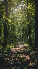 Obraz premium Sunlit Path Through a Green Forest