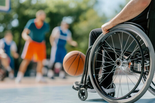 Wheelchair basketball player prepares to pass during an afternoon game at a local outdoor court with teammates in action nearby
