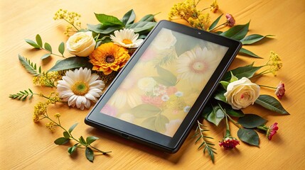 Contemporary e reader with floral decor on golden surface