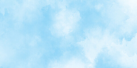 Sky blue Aquarelle paint paper textured canvas element, soft and lovely sky blue watercolor background with clouds, Sky clouds with brush painted blue watercolor texture, small and large clouds.