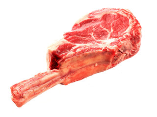 Fancy tomahawk steak on the bone on white background. Premium high quality beef cut product. Craft and expensive meat production.
