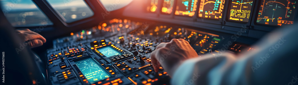Poster photo realistic as pilot using a glossy control panel in a modern cockpit concept as camera movement