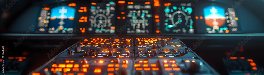 Poster photo realistic as pilot using a glossy control panel in a modern cockpit concept as camera movement