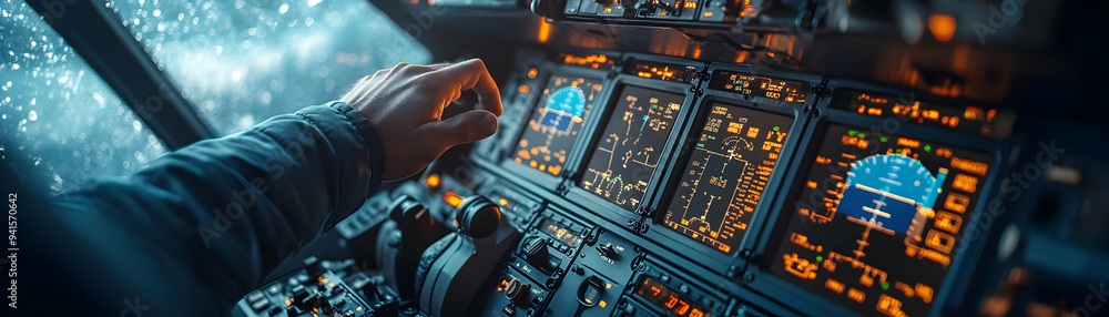 Poster photo realistic as pilot using a glossy control panel in a modern cockpit concept as camera movement