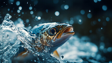 Leaping Trout Fish Bursting Through Splashing River Rapids