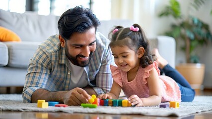 Father and Daughter Playful Interaction - Indian dad and his little girl playing with toys on the living room floor.
