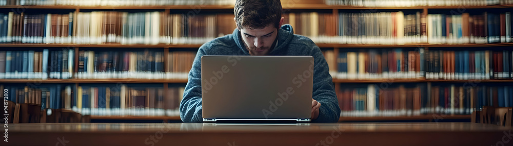 Poster photo realistic as student using a glossy laptop in a university library concept as camera movement 