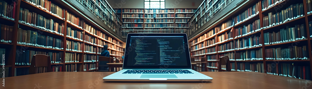 Poster photo realistic as student using a glossy laptop in a university library concept as camera movement 