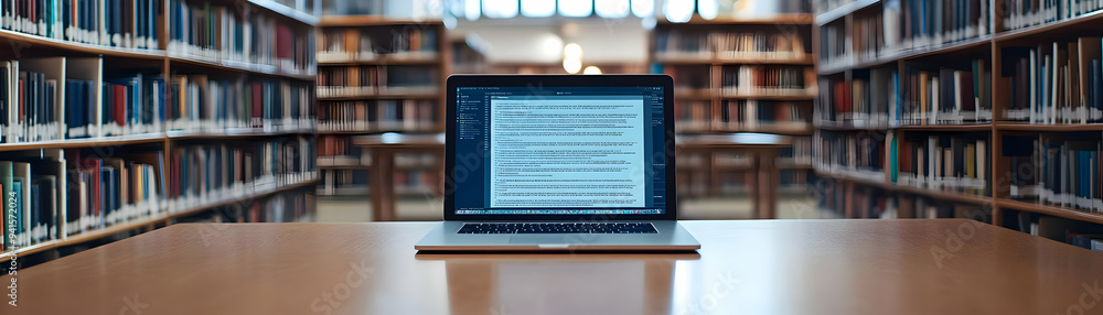 Poster photo realistic as student using a glossy laptop in a university library concept as camera movement 