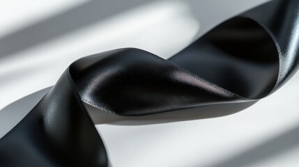 Black Satin Ribbon in Soft Light: A close-up, minimalist image of a black satin ribbon gracefully draped on a white background, illuminated by soft, natural light. The ribbon's curves 
