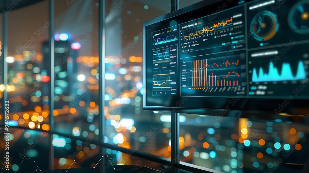 Poster digital dashboard with business success indicators and growth charts in modern office