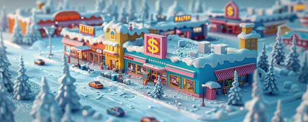 Charming Snow-Covered Real Estate in Winter Wonderland with Colorful Buildings and Festive Atmosphere