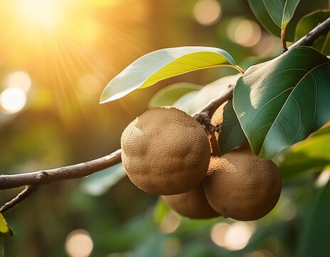 Close up of wood apple on branch in the garden with sunlight. Limonia acidissima.
