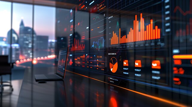 Digital Dashboard with Business Success Indicators and Growth Charts in Modern Office