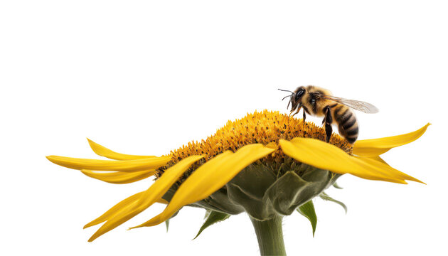 Close up view of a bee pollinating a vibrant sunflower isolate on transparent, png, cutout