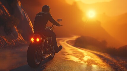 Motorcycle Rider on a Winding Road at Sunset