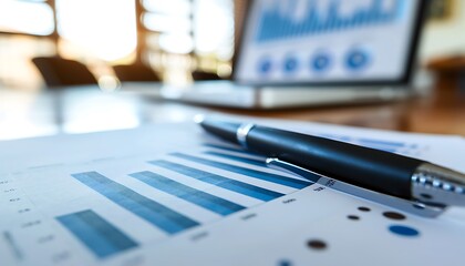 Fototapeta premium Closeup of Printed Business Reports Highlighting Revenue Growth and Market Share