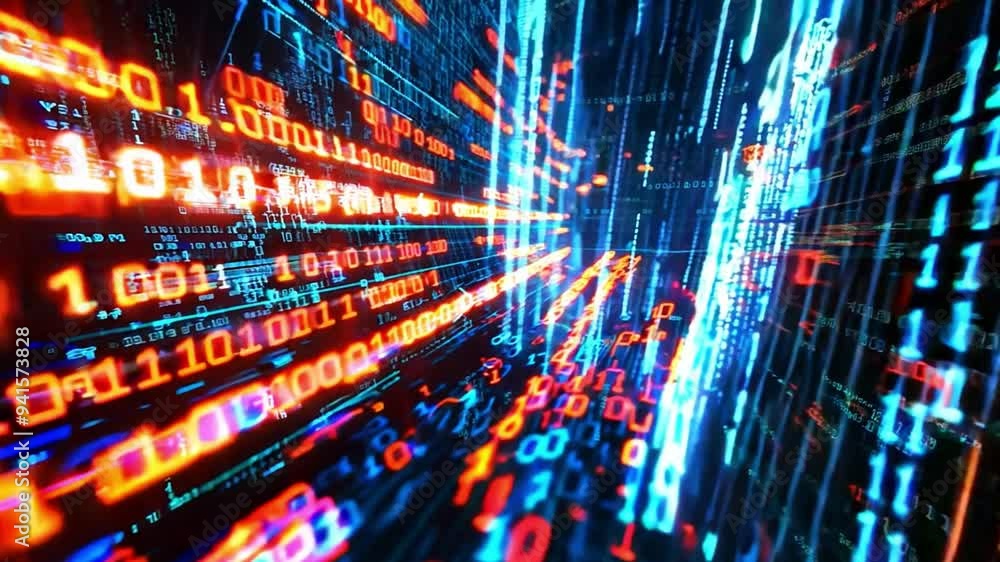 Poster vibrant streams of binary code cascade through a digital space, creating a mesmerizing illusion of m