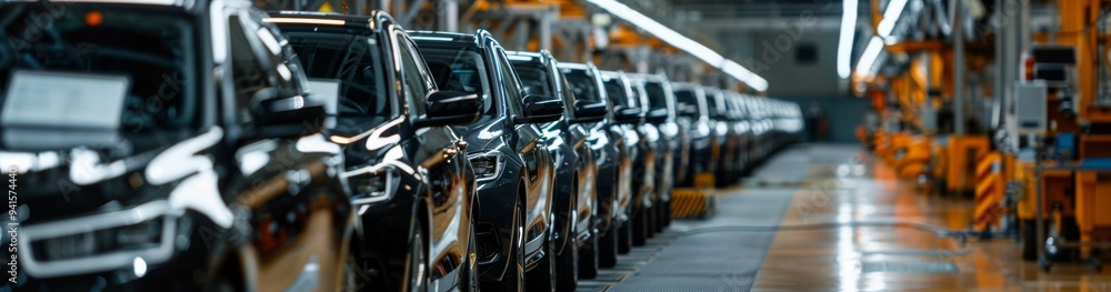 Poster Panoramic view of a modern automotive assembly line in a high-tech factory, showcasing precision and efficiency in car manufacturing with multiple vehicles on the production floor.