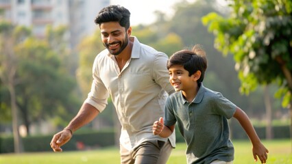 Father and Son Park Fun - Indian dad and his young son playing tag in a green park.
