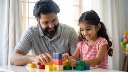 Indian father and his little girl having fun with building blocks.
