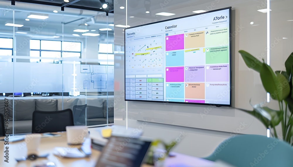 Poster Task Management Board with Completed Tasks Displayed on Large Screen in Collaborative Workspace