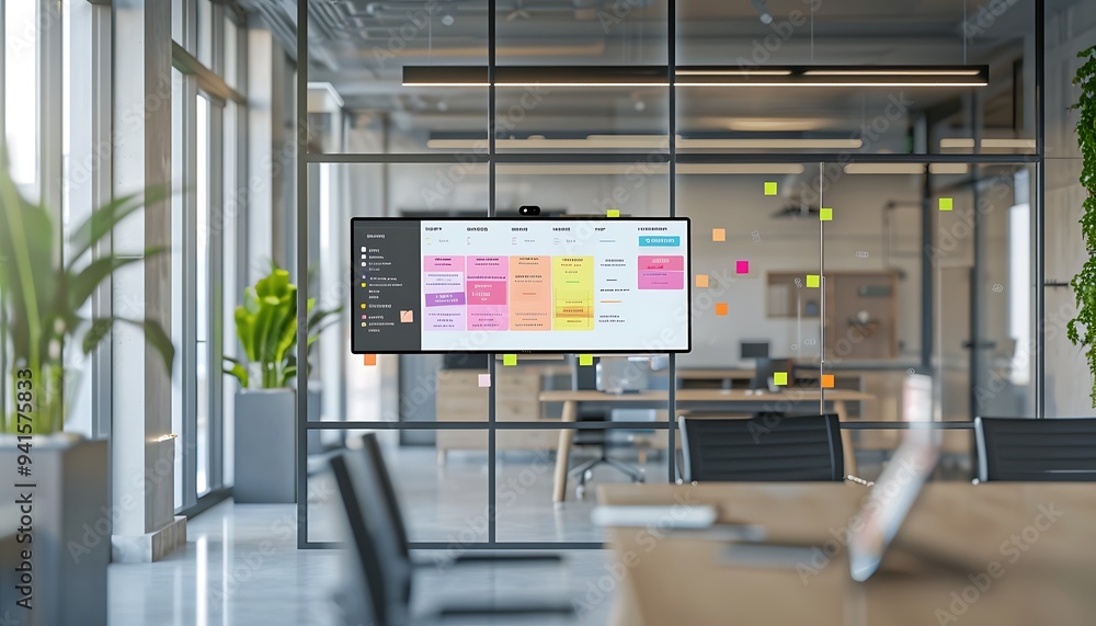 Poster Task Management Board with Completed Tasks Displayed on Large Screen in Collaborative Workspace