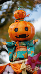 Naklejka premium Adorable Pumpkin-Headed Character in Traditional Kimono Costume Celebrating Autumn Festival