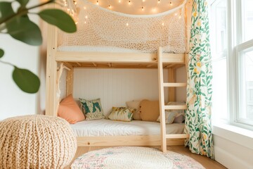 two level loft style kids' playhouse with a modern design. The playhouse has a netted upper deck, accessible by a wooden ladder, with string lights adding a warm glow