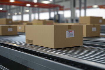 Cardboard boxes on conveyor belt in distribution warehouse.
