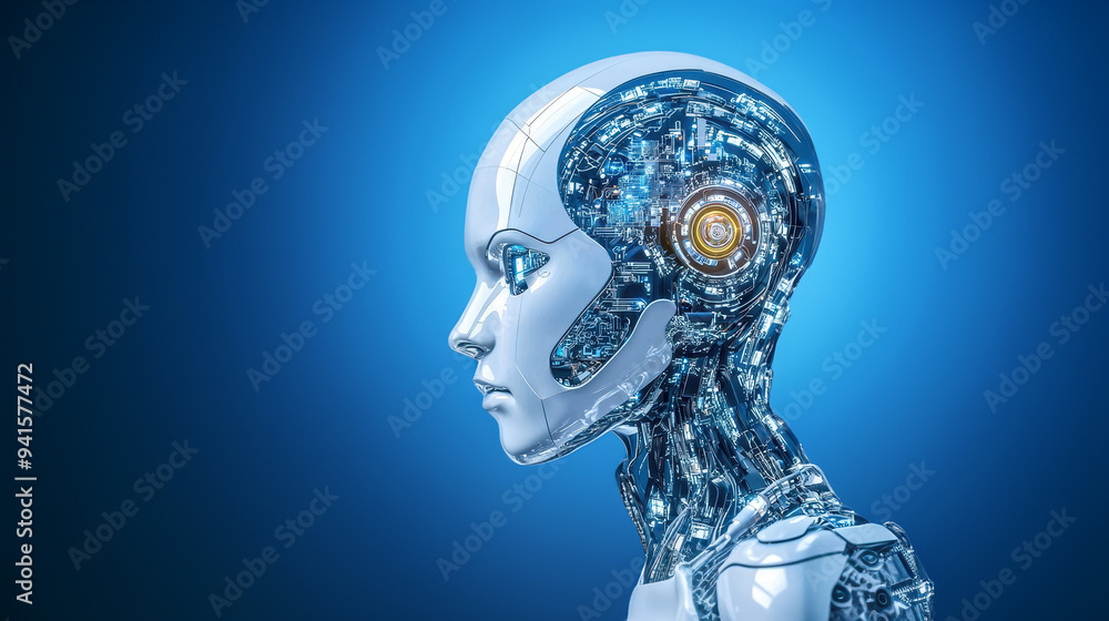 Poster futuristic robot head with intricate circuitry, representing advanced technology and artificial inte