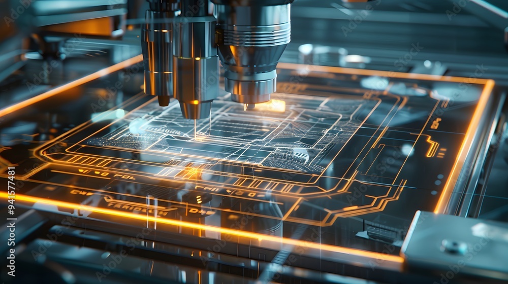 Poster high-tech visualization of cad designs being instantly transformed into cam-controlled manufacturing