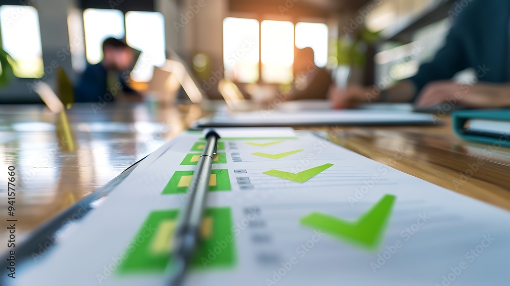 Aufkleber closeup of business priorities list with completed objectives and green check marks