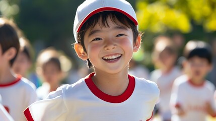 A joyful child running and smiling in a playful outdoor setting with peers.