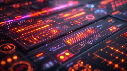 Futuristic Digital Interface with Glowing Orange and Red Elements on a Dark Background