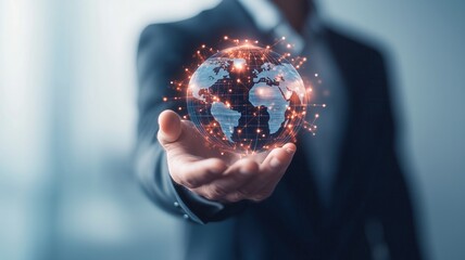 A business professional holds a glowing globe, symbolizing global connectivity and technological advancement in a modern environment.