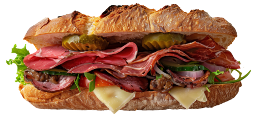 Close-up image of a gourmet sandwich with various meats and fresh veggies