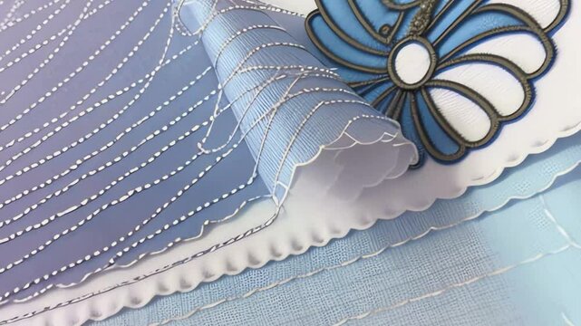Generative AI. Dynamic motion scene,  roll of beautiful silk fabric with florall embroidery. Opening background scene. 