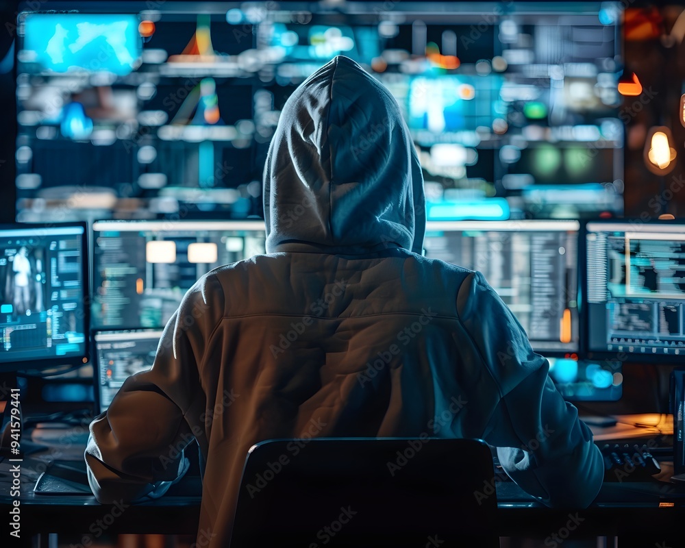 Poster anonymous hacker in hoodie navigating compromised screens of digital security breaches
