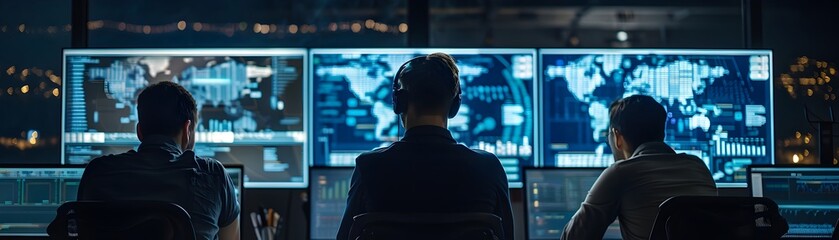 Fototapeta premium Hackers Collaborating Intensely with Screens Filled with Codes and Maps