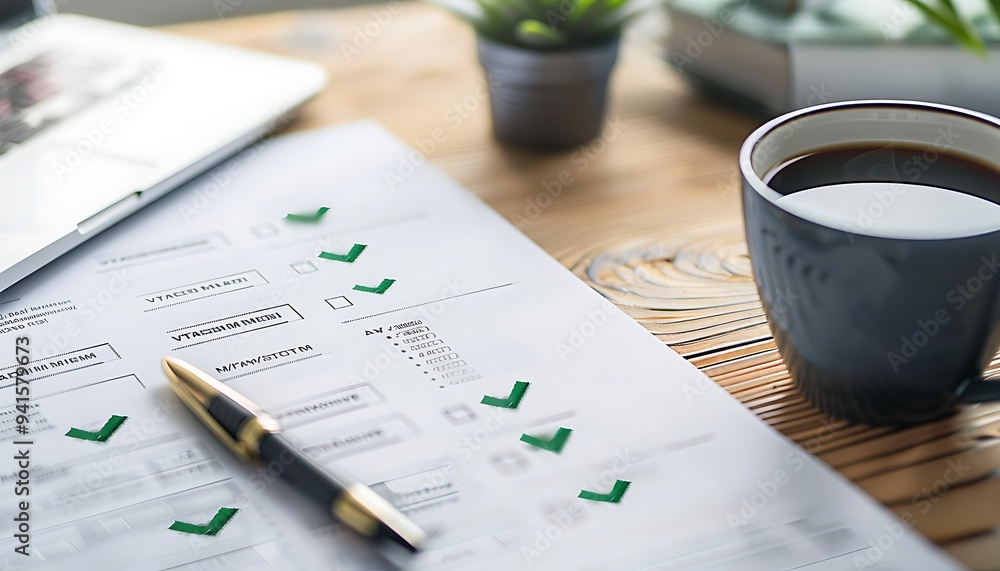 Poster Closeup of Printed Progress Tracking Sheet with Completed Tasks and Green Check Marks