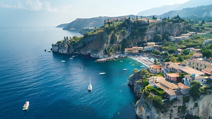 Naklejka premium A scenic coastal view featuring cliffs, a quaint village, and boats in the water.