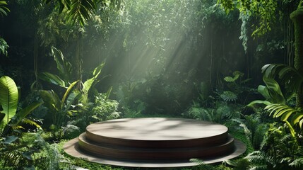 A wooden podium is set in a vibrant tropical forest, bathed in soft light, preparing for an upcoming product presentation in nature