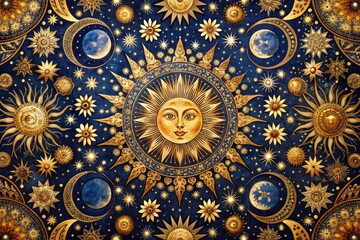 Fototapeta premium Celestial Tapestry: Ethereal, ethereal, intricate, luminous, gold and indigo, celestial symbols