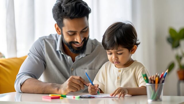 Father and Kid Creative Play - Indian father and child engaging in a creative play activity with art supplies.
