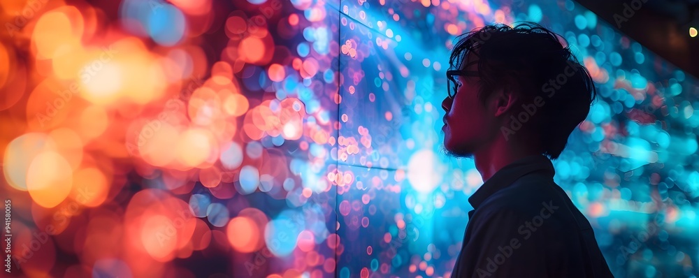 Poster hacker creating vibrant digital art on glowing screen with abstract shapes and colors